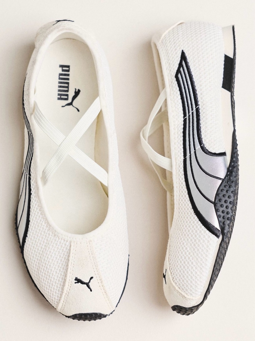 Puma White and Black Ballet-Style Flats with Silver Logo Accents